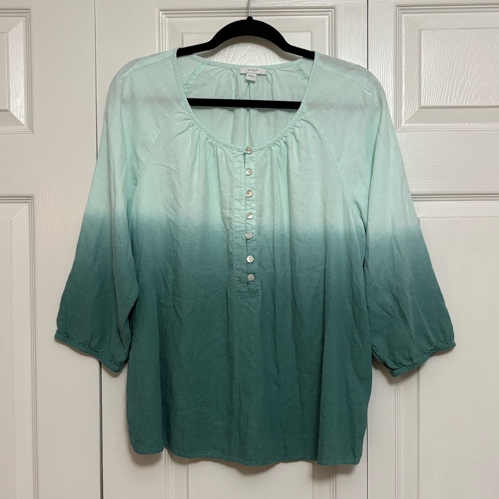 Women's Linen Blend Pure Jill Turquoise Ombre Blouse with Button Front Size L